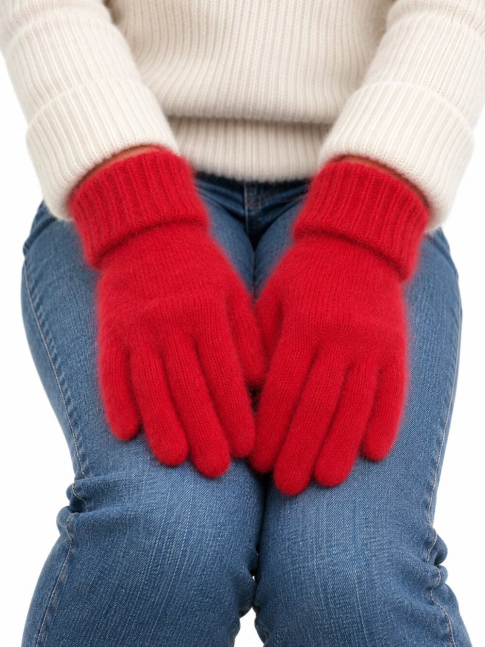 VINTAGE Angora Rabbit Fur & Wool Gloves Red One Size Cozy Knit Soft Colorful